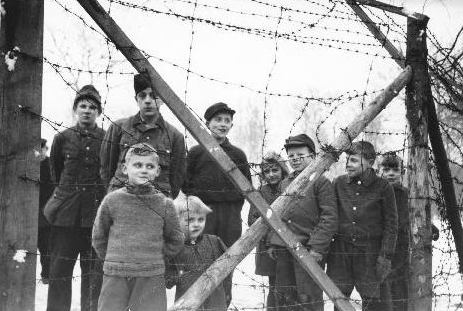 Drenge bag pigtrådshegn i flygtningelejr i Risskov i 1946. (Privatfoto)